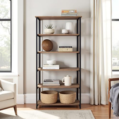 Pomona Living Room 6-Tier Solid Wood Bookcase with Metal Frame – Rustic Industrial Modern Wood and Metal Bookshelf for Home Office, Living Room, or Bedroom Storage