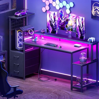55 Inch Gaming Desk with Bluetooth LED Lights & Power Outlets,Computer Desk with Fabric Drawers & Hooks,Reversible Gamer Table with Monitor Stand for Game Room,Home Office,Carbon Fiber Black