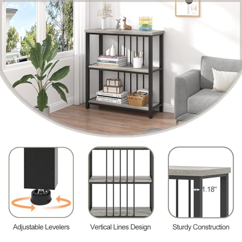 3 Tier Bookshelf, Short Bookcase for Small Space, Modern Wooden and Metal Book Shelf for Living Room Bedroom Office (Light Grey Oak)