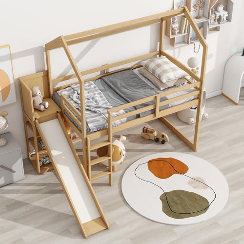 JIVOIT Twin Size Wood House Loft Bed with Slide, Storage Shelves and Light, 3 Beds in 1 Design House Bed with Bookshelf and Full-Length Guardrail, Built-in Ladder and Staircase (Wood Color-Light)