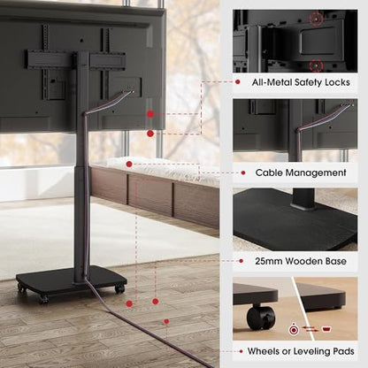 Rolling TV Stand for 43 50 55 60 65 70 75 Inch TVs, Portable Mobile TV Stand on Wheels, 10-Level Height Adjustable TV Cart with Swivel & Tilt Mount for Bedroom/Living Room/Office/Corner