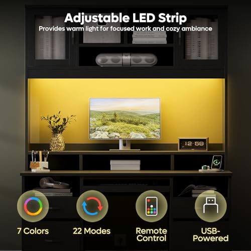 77.8" H Computer Desk with Hutch, Charging Station, LED Light,Black, view 4