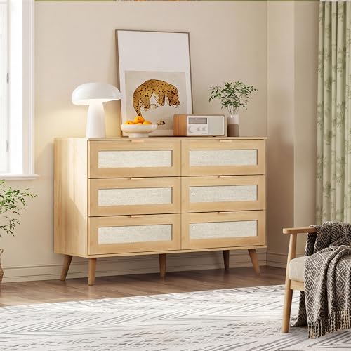 Rattan TV Stand, 6-Drawer 47.24'' Wide Boho Wood TV Console, Gold Metal Handle, TV Stand for 55 inch TV, Storage for Living Room, Office, Light Oak