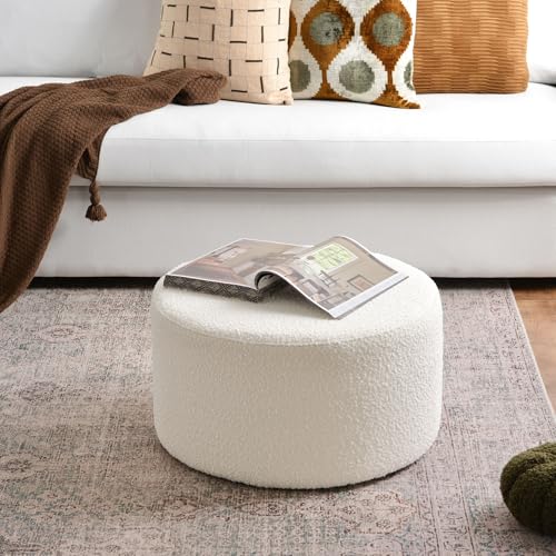 Modern Round Boucle Upholstered Ottoman with Soft Padded Seat, Multi-Functional Sofa Footrest, Side Table, Extra Seating for Living Room, Bedroom, Entryway (24" D x 24" W x 13" H)