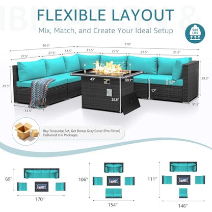7 Piece Large Modern Patio Furniture Set with Propane/Gas Firepit Table, 29.3'' High Back Comfy Wicker Sectional Sofa Couches with Fire Pit, Outdoor Deep Conversation, Fade-Proof, Turquoise