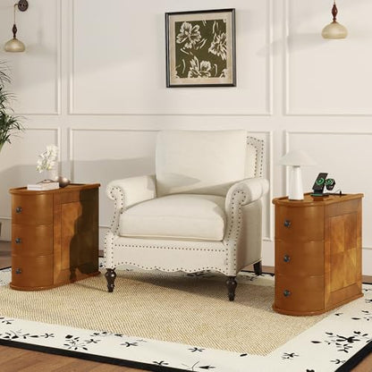 Narrow End Table with Charging Station, Wood Side Table with Drawers for Small Spaces, 3-Drawer Nightstand with Storage, Slim Bedside Cabinet for Living Room/Bedroom/Corner, Fully Assembled, Walnut