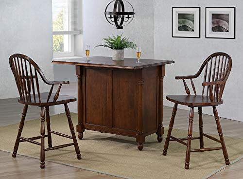 Andrews Drop Leaf Kitchen Island with Counter Height Stools with Arms |Distressed Chestnut Brown | Drawers and Cabinet
