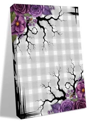 NuYeBiofx Halloween Flower Berry Tree Branch Canvas Wall Art Prints,48"x32" Framed Picture Artwork Purple Plant Gray Check Printed Canvas Oil Painting for Living Room Bedroom Office,Ready to Hang