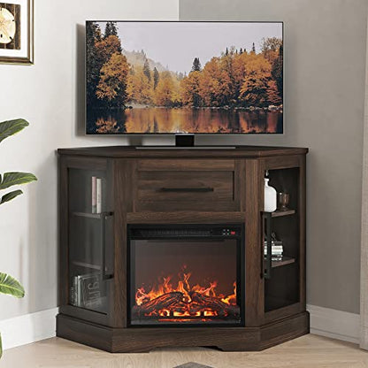 43" Corner TV Stand with 18" Electric Fireplace Heater for TVs up to 43", Modern Corner Wood Entertainment Center with Glass Door Storage Cabinets - Dale (Dark Walnut)