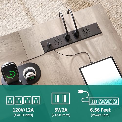 71" Executive Desk with Power Outlets, L Shaped Executive Desk with File Cabinet, Computer Desk with Drawers & Storage Shelves, Corner Office Desk with Bookshelf for Home Office, Grey + Black