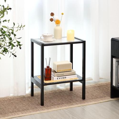2-Tier Bamboo Side Table, Modern Glasstop Rattan Side Table, Mid Century Wood Sofa-Side End Tables for Living Room, Bedroom Night Stand with Storage, Small Narrow Coffee Tables, Black