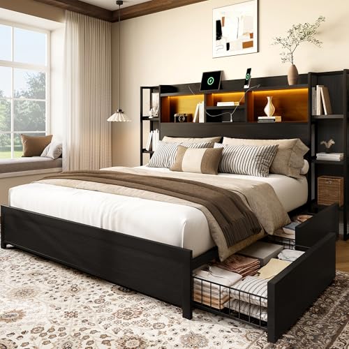 King Size Bed Frame with 4 Storage Drawers and Headboard Featuring Shelf Storage, view 2