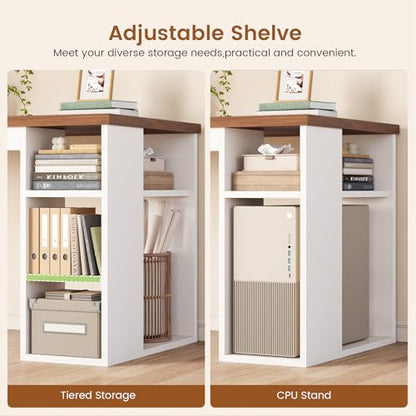 Farmhouse 67" L Shaped Desk with 3 Drawers, White Corner Computer Desk with Storage Shelves, Home Office Desks with Power Outlets，Executive Desk for Home Office, White and Brown