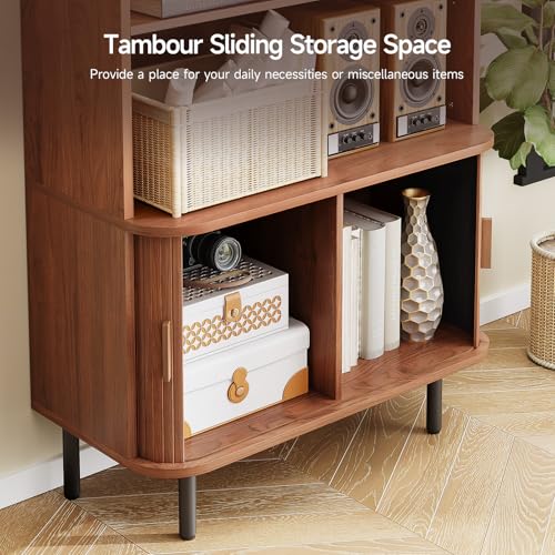 71" Bookshelf with Sliding Door, Bookcase Storage Cabinet, Walnut, view 5