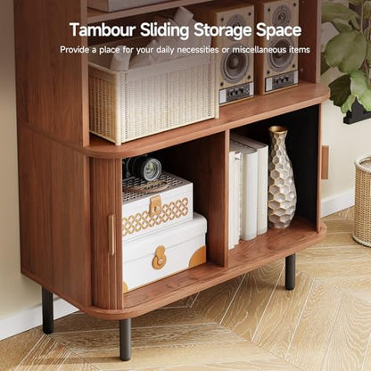 71" Bookshelf with Sliding Door, Bookcase Storage Cabinet, Walnut, view 5