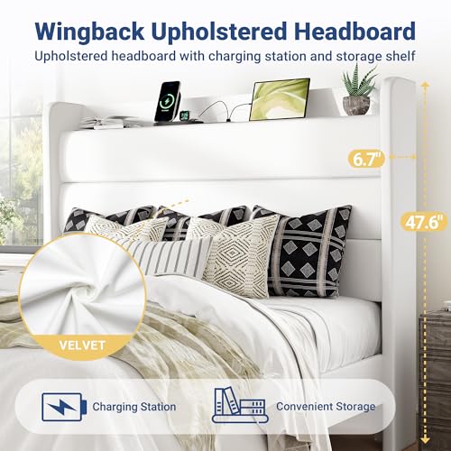 Queen Size Upholstered Bed Frame with Charging Station, White, view 5