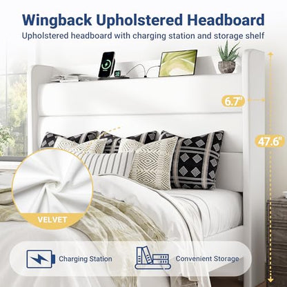 Queen Size Upholstered Bed Frame with Charging Station, White, view 5