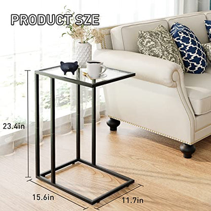C Shaped End Table,Small Sofa Couch Side Table, Tempered Glass Snack TV Tray Table with Metal Frame for Small Space,Living Room, Bedroom, Bedside,Modern Style, Black