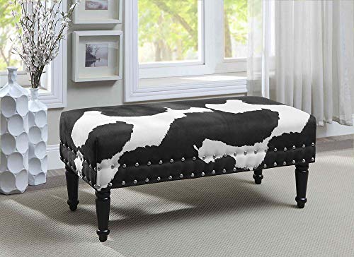Designs4Comfort Cow Print Bench Ottoman 40" - Farmhouse, Rustic Wide Upholstered Footstool & Seat, for Living Room, Bedroom, Hallway & Entryway, Black Fabric