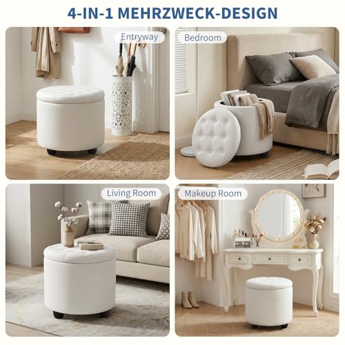 Upholstered Button Tufted Round Ottoman, PU Storage Ottoman Round, Removable Lid Convenient Footstools, Classic Ottoman with Storage for Nursery Room, IvoryWhite