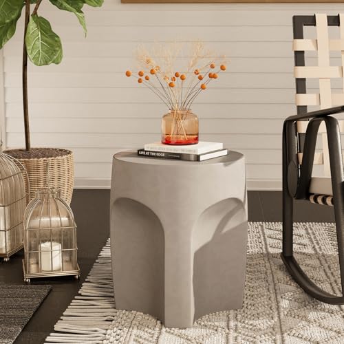 Concrete Side Table Drum Shape,17''H Outdoor Side Table, Patio Accent Table Cement End Tables, Garden Decorative Stool, Plant Stand Drum Table, Grey