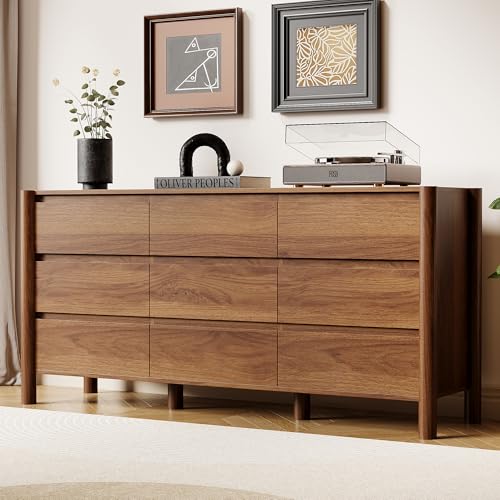Walnut Dresser for Bedroom,63"Wide 9 Drawer Mid Century Modern Chest, view 2