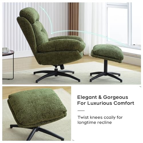Swivel Accent Chair with Ottoman Set for Living Room, Chenille Comfy Reading Chair with High Back, TV Lounge Chair with 360 Degree Swiveling, Tilting for Bedroom, Modern Armchair with Footrest, Green
