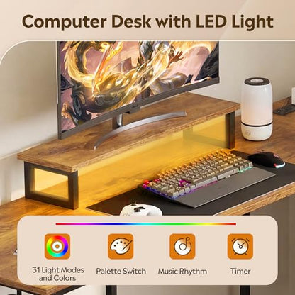 66 Inch L Shaped Gaming Desk with Drawers and Storage, Corner Desk with LED Lights, Power Outlets, Computer Desk with Monitor Stand, Office Desk for Home, Rustic Brown