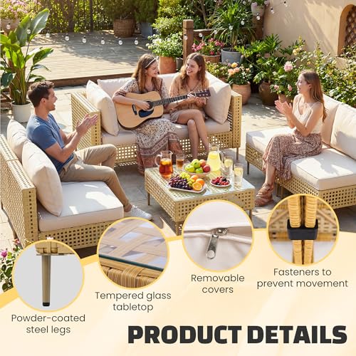 7-Piece Wicker Outdoor Patio Furniture Set, Modular Rattan Outdoor Furniture, Patio Conversation Sets, Handmade Rattan, Water Resistant Fluffy Cushions and Coffee Table, Beige