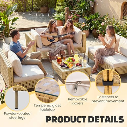 7-Piece Wicker Outdoor Patio Furniture Set, Modular Rattan Outdoor Furniture, Patio Conversation Sets, Handmade Rattan, Water Resistant Fluffy Cushions and Coffee Table, Beige