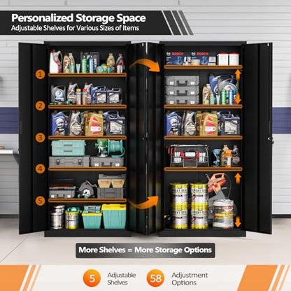 Metal Garage Storage Cabinet with 2 Doors and 5 Adjustable Shelves, 71" Tall Steel Lockable File Cabinet, Locking Tool Cabinets for Home Office Garage Gym School (Black)