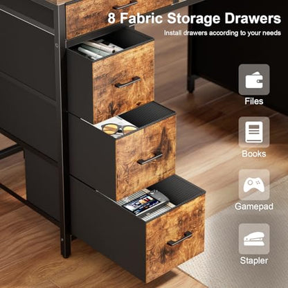 47 inch Computer Desk with 8 Storage Drawers, Gaming Desk with LED Lights & USB Power Outlets, Home Office Table with Monitor Stand, Study Writing Work Table for Bedroom, Rustic Brown