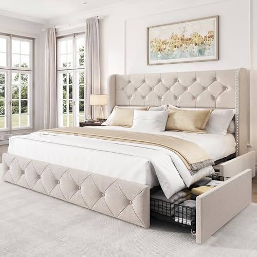 Queen Size Bed Frame with 4 Storage Drawers and 47.2" Tall Tufted Headboard, view 3