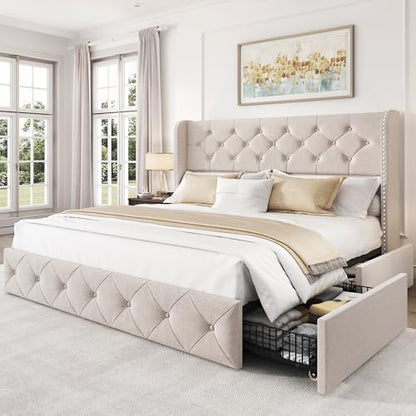 Queen Size Bed Frame with 4 Storage Drawers and 47.2" Tall Tufted Headboard, view 3