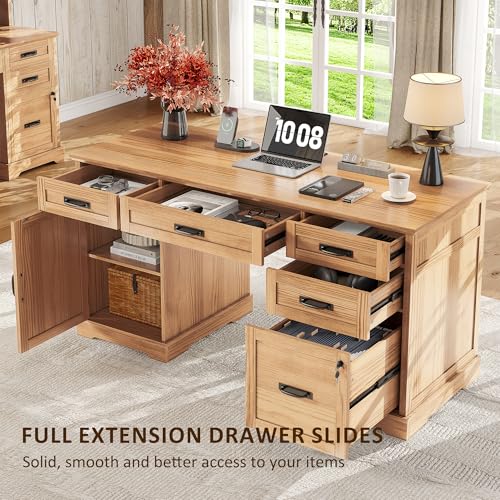 55'' Farmhouse Desk Home Office with Drawers, Executive Computer Desk Wooden with File Cabinet and Charging Station, Light Walnut