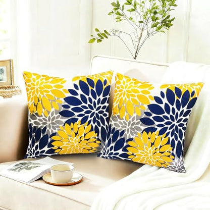 Decorative Throw Pillow Covers Set of 2 Blue Yellow Pillow Covers 18x18 Inch Couch Pillow Covers for Sofa Living Room Outdoor Throw Pillow Cover Linen Floral Flower Farmhouse Pillowcase