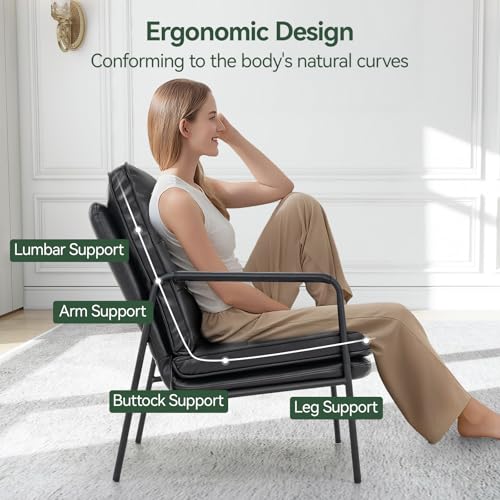 Modern Accent Chair, PU Leather High Back Armchair with Metal Frame, Comfy and Supportive Reading Chair for Living Room, Bedroom, or Office, Black