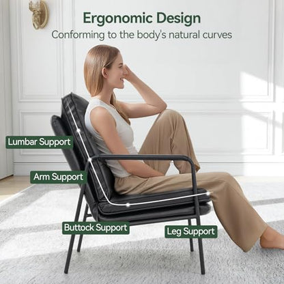 Modern Accent Chair, PU Leather High Back Armchair with Metal Frame, Comfy and Supportive Reading Chair for Living Room, Bedroom, or Office, Black