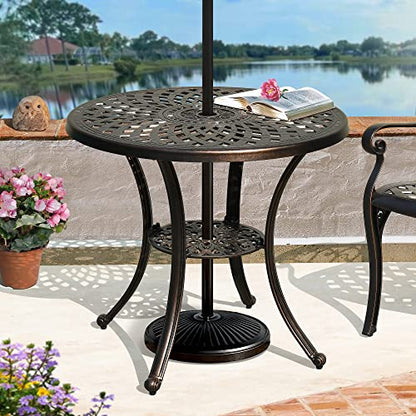 30 Inches Round Patio Dining Table with Umbrella Hole, Antique Cast Aluminum Outdoor Bistro Table Outdoor Side Table for Backyard, Garden, Patio, Porch, Hammered Bronze