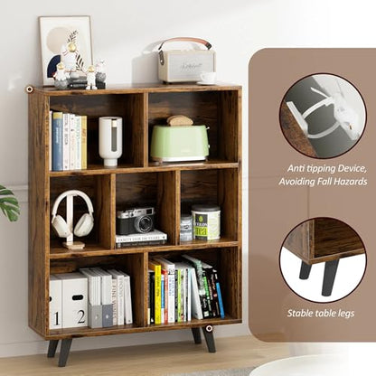 7 Cube Bookshelf, 3 Tier Mid-Century Modern Bookcase with Legs, Wooden Bookshelf Storage Organizer Display Bookcase for Bedroom, Living Room, Office, Rustic Brown