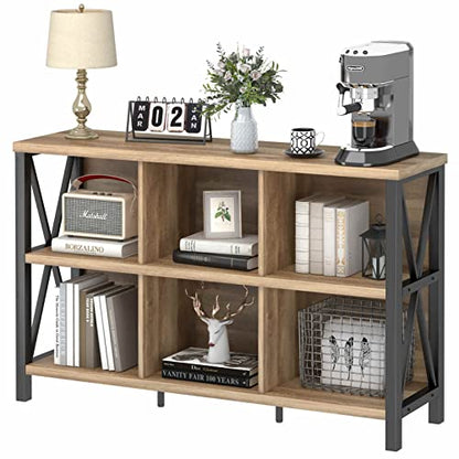 6 Cube Storage Organizer with Shelf, Long Wood and Metal Cubby Bookcase, Industrial Horizontal Bookshelf (Rustic Oak, 47 Inch)