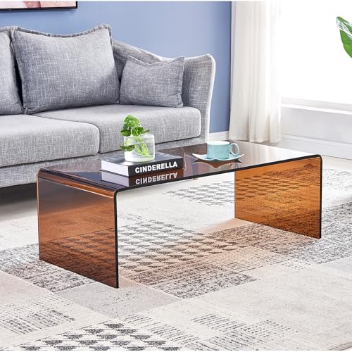 Glass Coffee Table, Modern Amber Coffee Tables for Living Room, Small Rectangle Tempered Glass Waterfall Sofa End Table, 39.4" x 19.7" x 13.78“