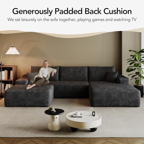 107.7" Boneless Sectional Couch Modern Modular U - Shape Corduroy Upholstered Sofa for Living Room - Deep Seat with Chaise and Ottoman(Black, 2 Seater+Right Facing Chaise+Ottoman)