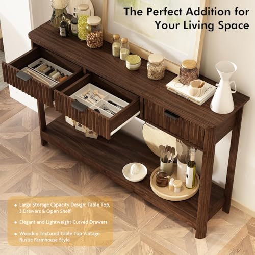 Fluted Wood Console Table with 3 Drawers, Boho Narrow Behind Couch Entryway Table with Open Storage Shelf, Modern Sofa Table for Living Room, Foyer and Hallway (Dark Walnut)
