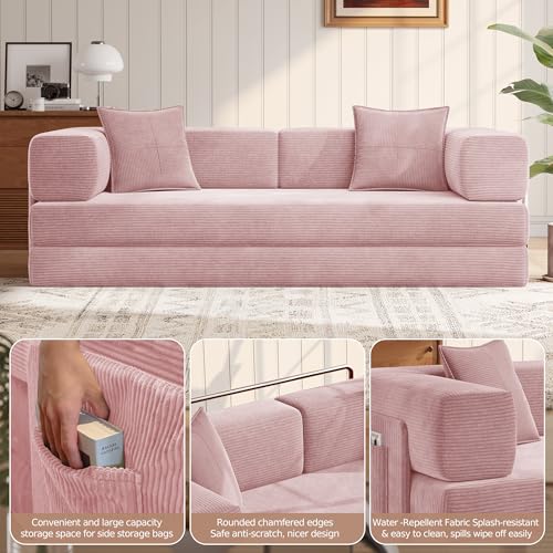78.8'' Sleeper Couch Bed for Livingroom,Convertible Modular Sofa with Armrest Pillow,Modular Foldable Corduroy Couches in a Box,No Assembly (Pink)