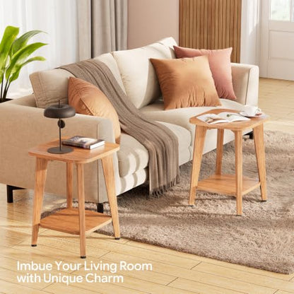 Side Table, 2-Tier Square End Table with Storage Shelf, Nightstand with Tapered Legs, Living Room, Bedroom, Rustic Walnut