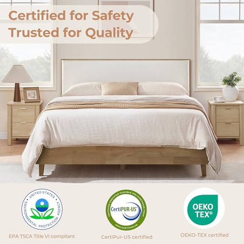 CHITA Queen Size Platform Bed Frame, with Boucle Upholstered Headboard, Oak, view 4