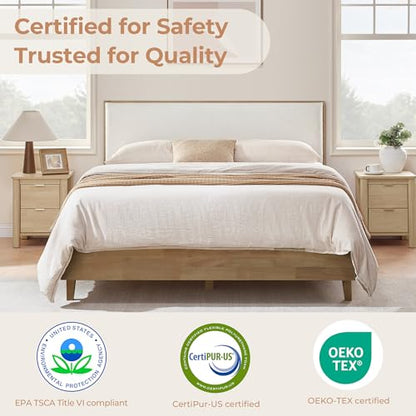 CHITA Queen Size Platform Bed Frame, with Boucle Upholstered Headboard, Oak, view 4