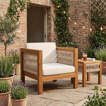 Emme Acacia Wood Lounge Chair Outdoor with Removable Cushion, Wooden Patio Accent Chair with Woven Rope Details, Outdoor Armchair for Patio Furniture Set, Teak+Beige