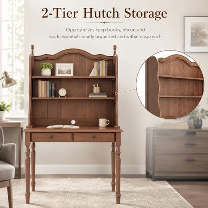 Mid-Century Desk with 2 Drawers, Hutch and Storage Shelves, view 7